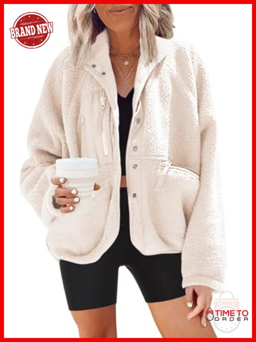Womens Fuzzy Fleece Sherpa Button Down Jacket Oversized Teddy Coat